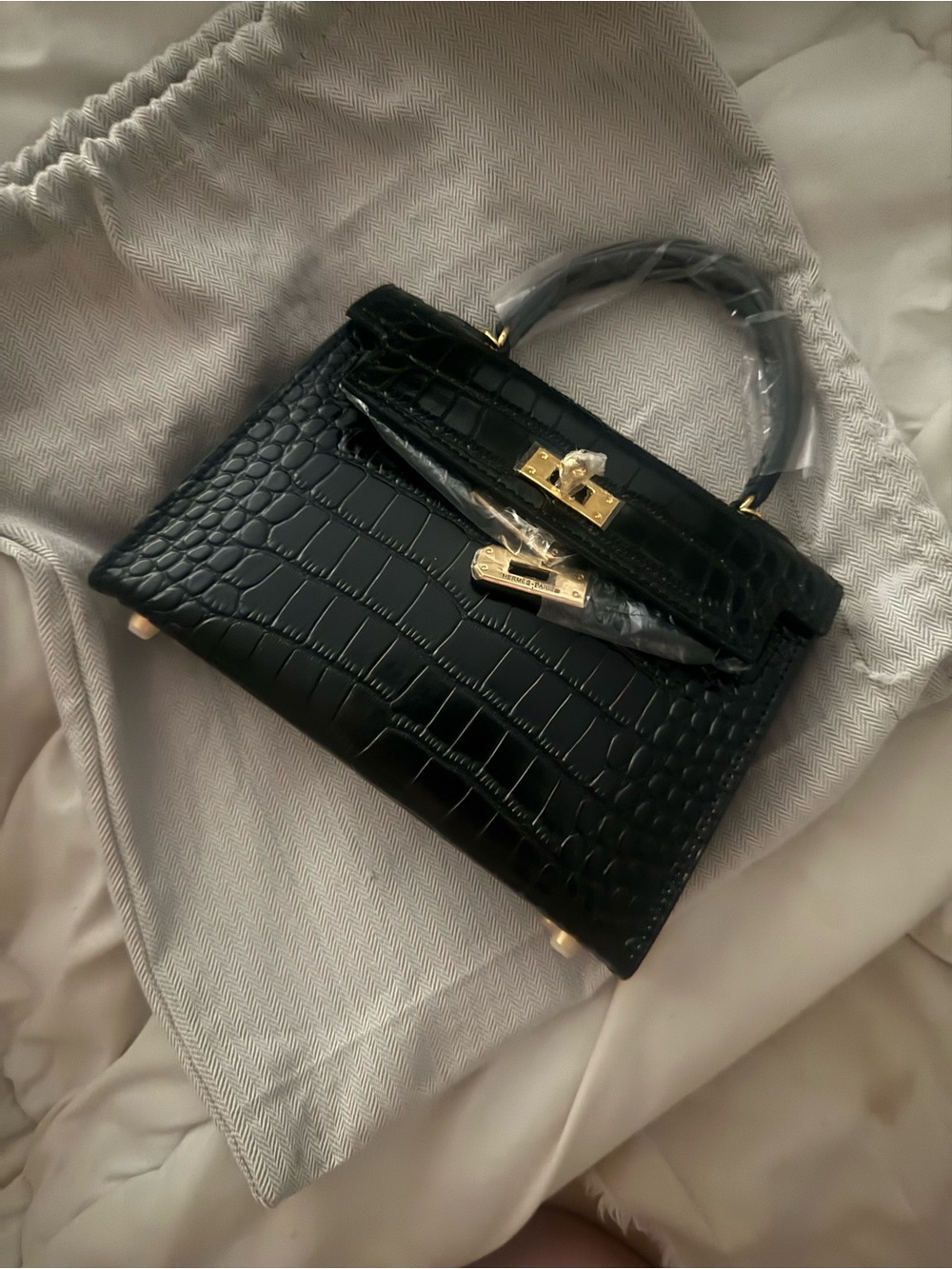 Genuine Leather Shiny Croc Embossed Mini Kelly Bag • Black/Gold • NWT Inspired - Picture 3 of 5